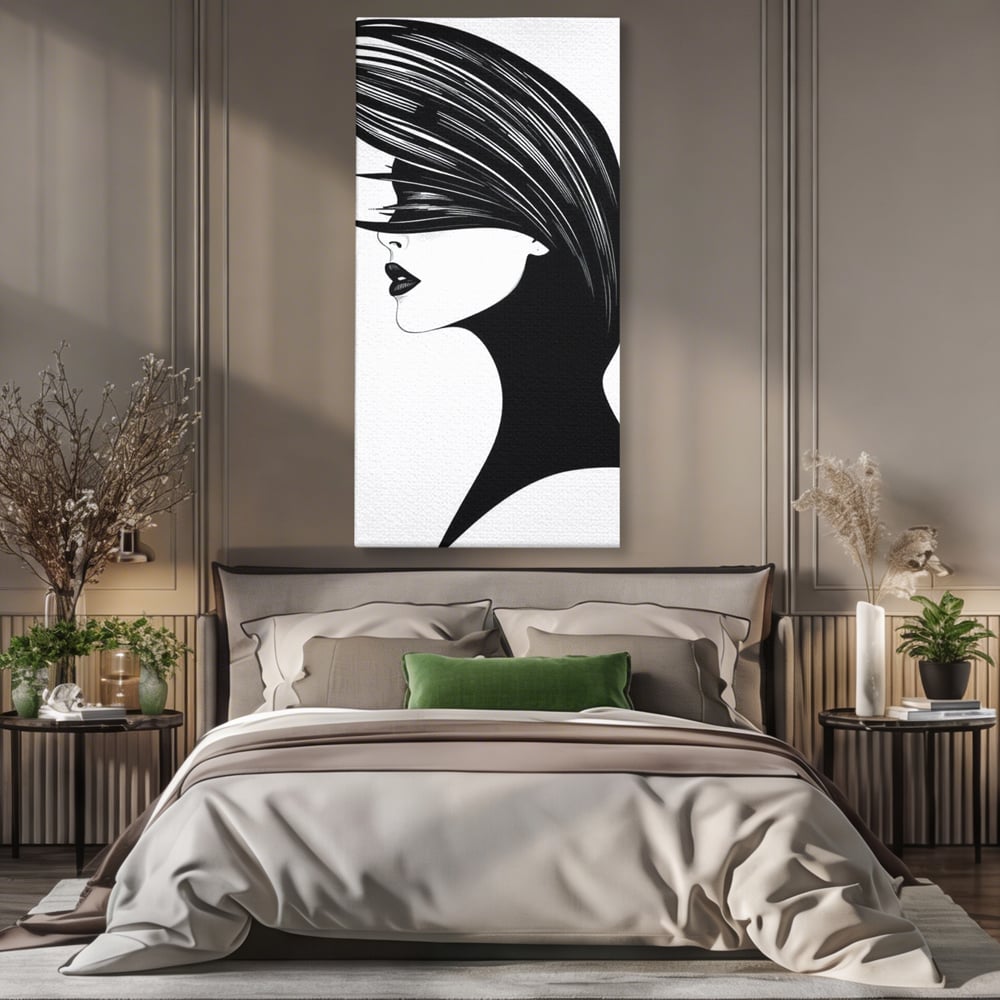 Tablou canvas cu ilustratie cu profil de femeie in alb si negru, fara rama, pe sasiu de lemn, pe perete intr-un dormitor